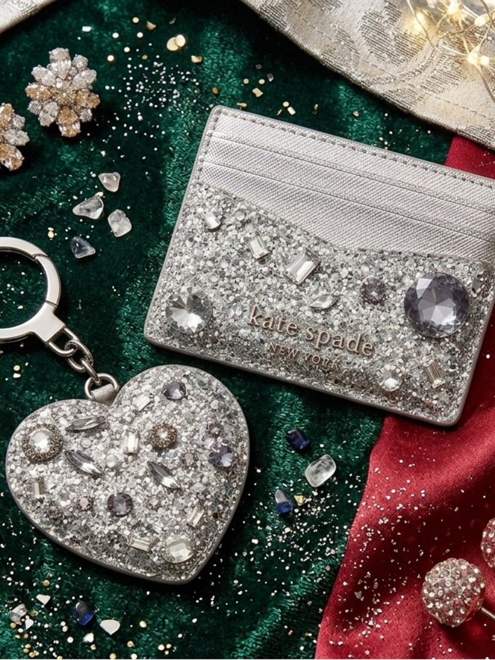 kate spade silver glitter cardholder with jeweled heart keychain - Picture 3 of 6